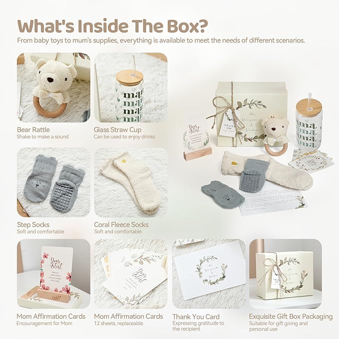 New Mom & Baby Gift Basket | Pregnancy & Baby Shower Gifts for First-Time Moms | Green Mama Glass Tumbler & Teddy Bear Rattle Set