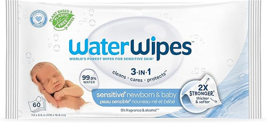 WaterWipes Sensitive+ Newborn & Baby Wipes, 3-In-1 Cleans, Cares, Protects, 99.9% Water, Unscented & Hypoallergenic, 60 Count