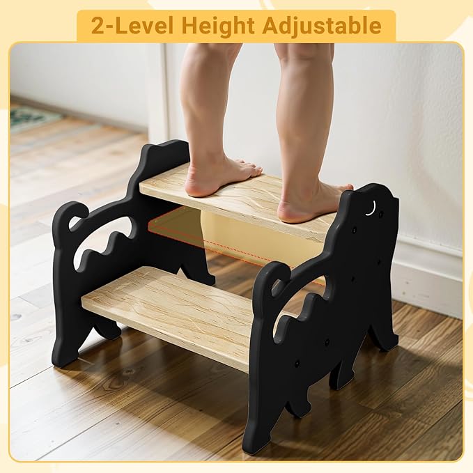 COSYLAND Kids Step Stool for Bathroom Height Adjustable - Lovely Cat Potty Training Stools for Toddlers - Wooden Stepping Stool with Handle for Bathroom Sink (Natural & Grey)