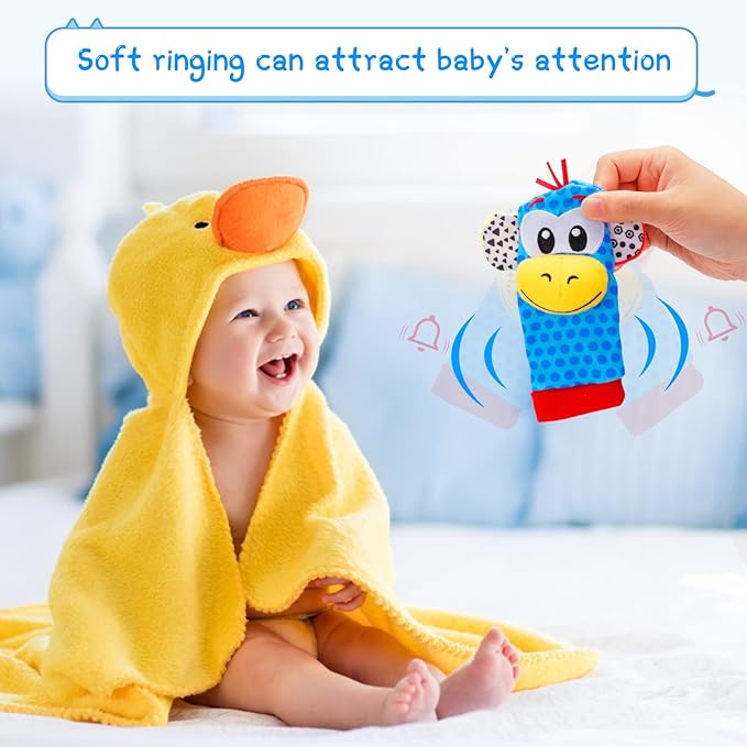 Baby Wrist Rattles and Sock Toys - Newborn 0-6 Months, 8PCS Soft Foot Finder Set, Hand and Feet Sensory Developmental Socks for Infants, Girl Boy Gifts