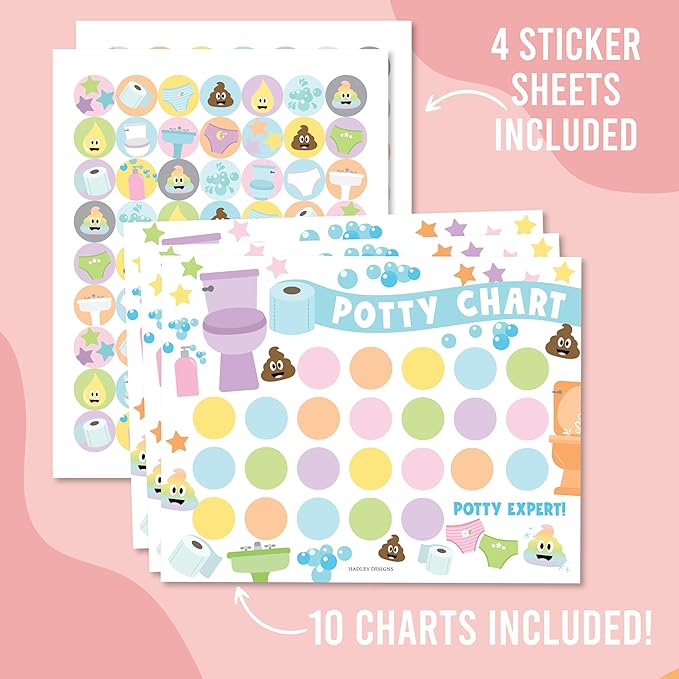 Hadley Designs Potty Training Chart for Girls with Fun Reward Stickers – 10 Potty Chart for Toddlers Girls, 8.5x11" Potty Training Sticker Chart for Toilet Success, Pastel Reward Chart for Kids