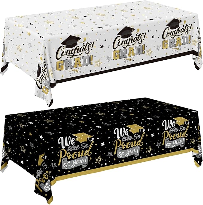 Gatherfun Graduation Decorations 2025-2 Pcs Black and Gold Gongrats Grad Tablecover for Graduation Party Decorations，Grad Plastic Table Covers 54"x108"