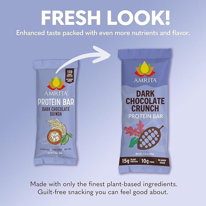 Amrita Nut Free Vegan Protein Bars (12 Count), Dark Chocolate Quinoa 15g Plant-Based Protein Bar, Peanut-Free, Gluten Free, and Dairy-Free, No Added Sugar, High Fiber, Healthy Snacks for Kids/Adults