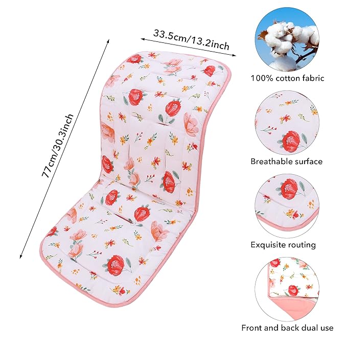 Baby Carriage Cushion, Universal Breathable Stroller Mat, Stroller Cushion for Strollers 100% Cotton, 34x78cm 1 Pack（Flowers+Pink））