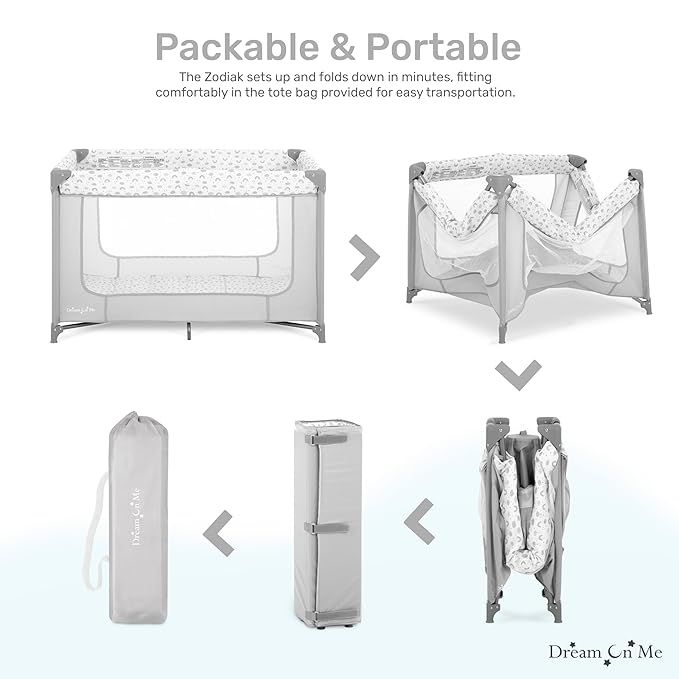 Dream On Me Zodiak Portable Playard in Cool Gray, Lightweight, Packable and Easy Setup Baby Playard, Breathable Mesh Sides and Soft Fabric - Comes with a Removable Padded Mat