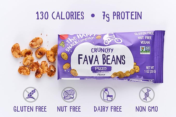 The Happy Snack Company Fava Beans Variety Pack 24 x 1 oz (Smoky BBQ Flavor and Pizza Flavor).Gluten free. Nut free. Dairy free. Non-GMO and Vegan. 5g Protein & 130 Cals.