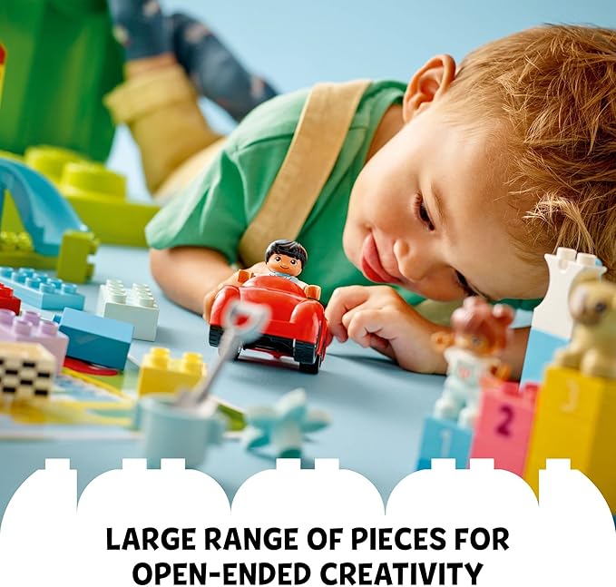 LEGO DUPLO Classic Deluxe Brick Box 10914 Starter Set - Features Storage Box, Bricks, Duplo Figures, Dog, and Car, Creative Play, Great Early Learning Toy for Toddlers Ages 18+ Months