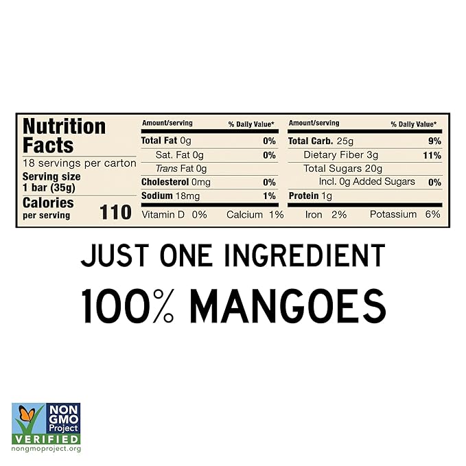 South 40 Snacks Tropical Mango Fruit Bar, just 1 Ingredient, No Added Sugar, Real Dried Fruit Leather (35g Bar, Pack of 18)