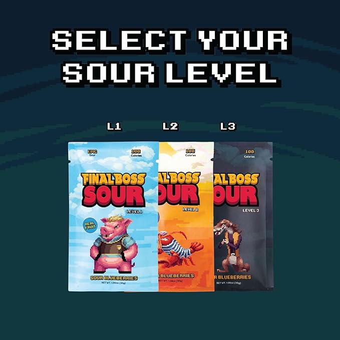 Final Boss Sour Candy, Sour Blueberries, 10 Pack, Level 3, Fruit Chews with Real Dried Fruit, No Artificial Colors or Flavors, Low Calorie Snack for Kids, Teens, Adults, Lunch Boxes & On The Go