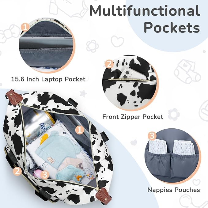 Diaper Bag Tote, Baby Bag Travel Diaper Tote Bag with Pacifier Case, Cute Maternity Hospital Baby Stylish Diaper Tote for Mom Dad Cow Print