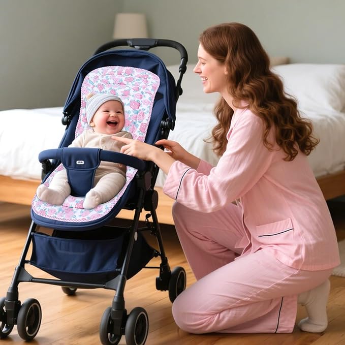 Baby Stroller Cushion,Infant Car Seat Insert-Reversible Universal Breathable and Soft Newborn Stroller Mat,100% Cotton Cover Toddler Seat Pad Liner-34x78cm,1 Pack(Pink Rose+Pink Plaid)