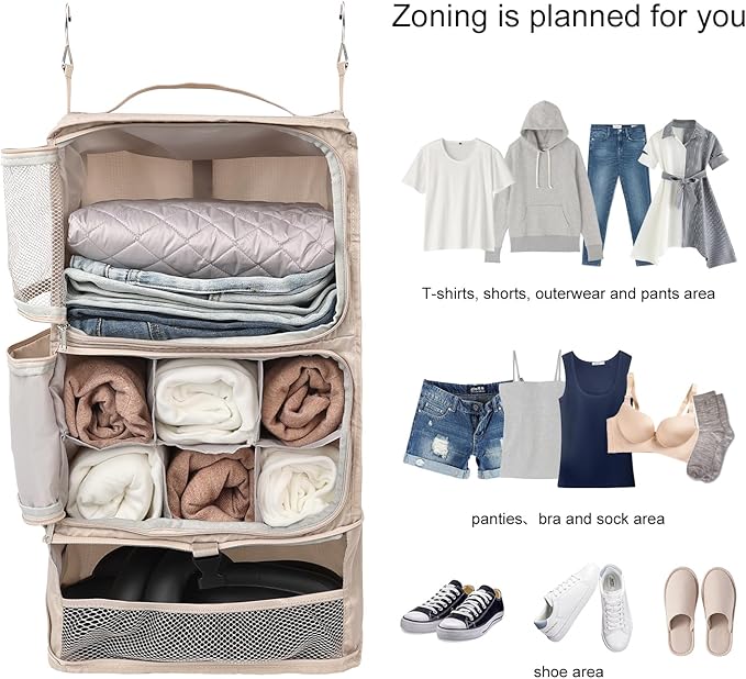 TABITORA Travel Portable Hanging Shelves Closet Organizer Packing Luggage Organizer and Storage with Multifunctional and Foldable Invisible Compartment,Lightweight, for Suitcase, RV,Closet…Beige,XL