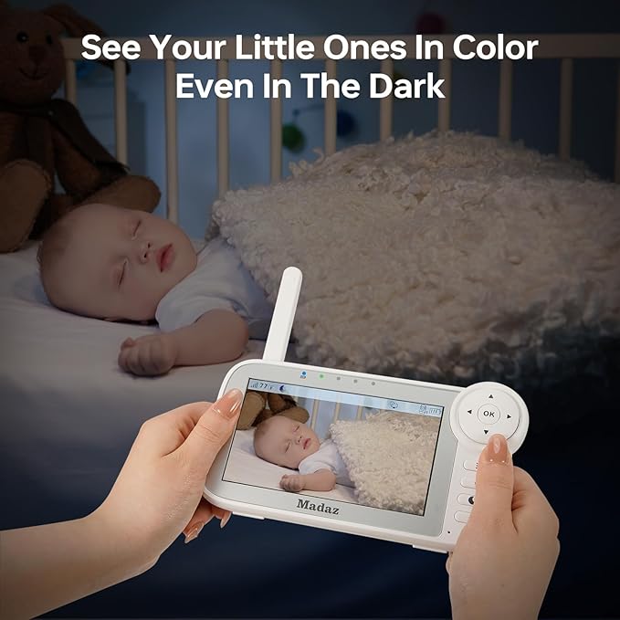 Madaz No WiFi Baby Monitor with Color Night Vision, 5" HD Display,1080P Pan Tilt Zoom Camera, Lullabies, Temperature Sensor, 2-Way Talk, 1000ft Range + Duck Night Light