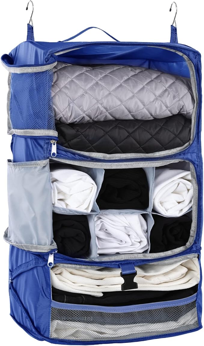 TABITORA Travel Portable Hanging Shelves Closet Organizer Packing Luggage Organizer and Storage with Multifunctional and Foldable Invisible Compartment,Lightweight,for Suitcase, RV,Closet…Blue,XL