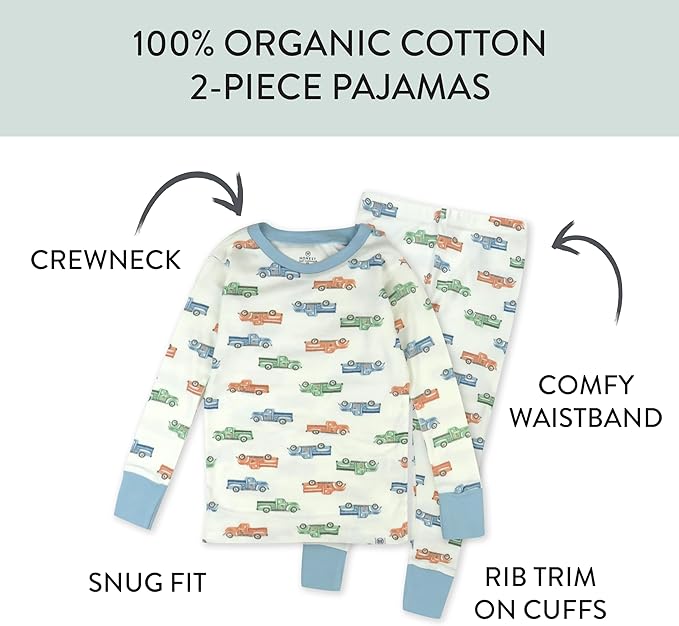 HonestBaby Classics 2-Piece Pajamas Sleepwear Pjs 100% Organic Cotton for Baby, Toddler, Kids