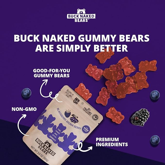 Buck Naked Bears - Blackberry Aronia Gummy Bears - Soft, Smooth & Sweeter Like a Fruit Snack - Plant-Based, Vegan, Non-GMO - Non-GMO - 3.5oz (3-Pack)