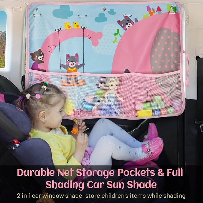 Car Sun Shade for Window Baby, 2 Pack Full Shade Window Shades with Storage Net Pocket, 7 Suction Cups, Cute Elephant for Sun/Heat/UV Rays Protection, Kids