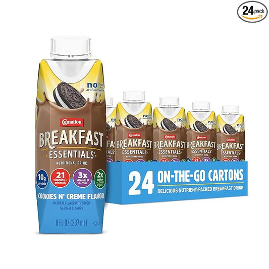 Carnation Breakfast Essentials Complete Nutritional Drink Cookies N Crème Flavor 8 oz Bottle 24 Ct