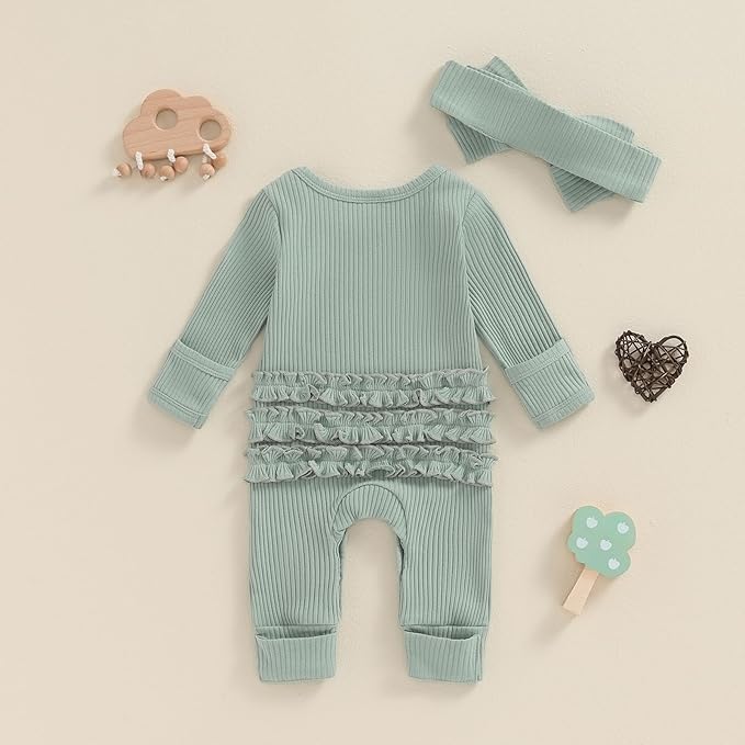 Newborn Girl Clothes Baby Girl Coming Home Outfit Zipper One-piece Outfits Ruffle Footie Bodysuit Jumpsuit Headband
