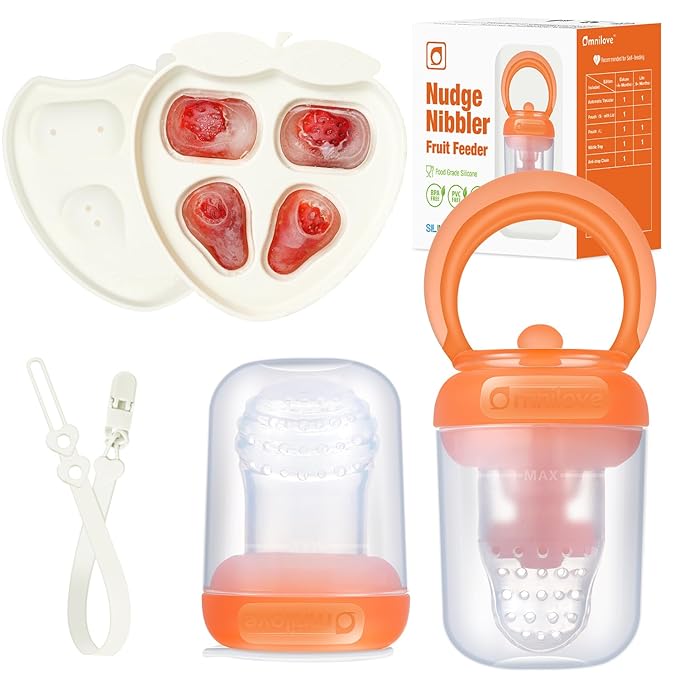 Baby Fruit Feeder & Popsicle Molds Tray Combo, New Born Must Haves and Babies Led Weaning Supplies for Safe Infant Self Feeding, 4+ Month (Orange)