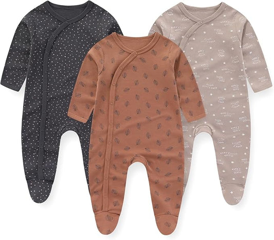 Unisex Baby Boy Girl Footies Rompers Cotton Long Sleeve 3 Pack Infant Jumpsuits 0-12Months Babies' Outfits