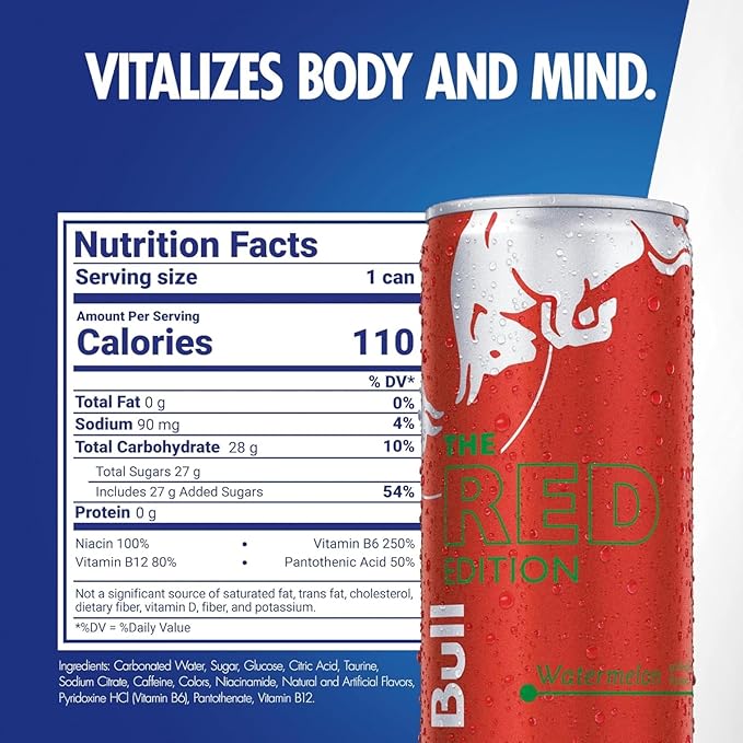 Red Bull Red Edition Energy Drink, Watermelon, with 114mg Caffeine plus Taurine & B Vitamins, 12 Fl Oz, Pack of 4 Cans