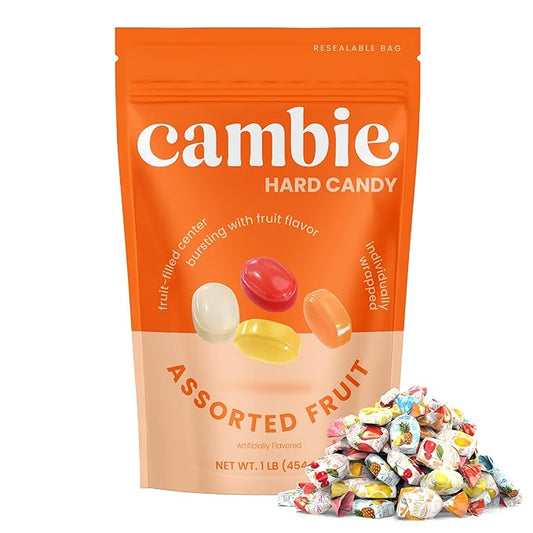 Assorted Fruit Hard Candy Individually Wrapped by Cambie, 1 lb of Fruit Candy with a Deliciously Sweet Hard Exterior with a Soft, Decadent Filled Center