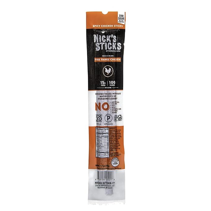 Nick's Sticks Spicy Free Range Clean & Balanced Chicken Snack Sticks | Made in the USA | Gluten Free | Paleo | Keto | Whole30 Approved | No Soy, Antibiotics or Hormones (12 – 1.7oz. Packages of 2 Sticks)