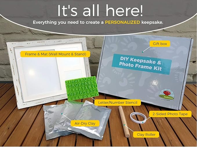 Baby Mushroom Farmhouse Baby Hand & Footprint Picture Frame Keepsake Kit - Rustic 9" x 11" Distressed Wood Frame, Clay, & Stencil for Newborns, New Mom, Registry Gift