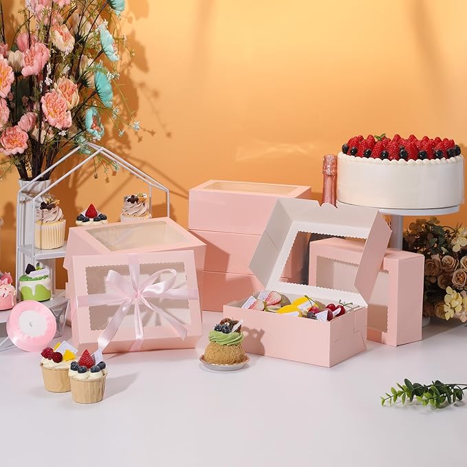 COTOPHER 10Pcs Cookie Boxes with Ribbons, 9x6x3 Inch Bakery Boxes with Window, Pink Treat Containers for Pastries, Chocolate Covered Strawberries, Dessert, Easter Candy, Muffins, Donuts