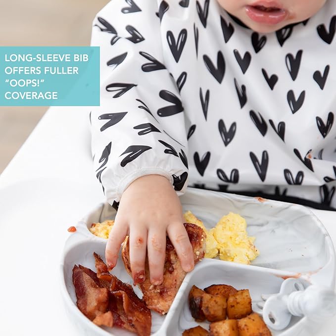 Bumkins - SuperBibs + Sleeved Bib - For Boys & Girls, Babies & Toddlers 6-24 Months - Lightweight, Durable, Waterproof - Catch-All Pocket - Wipeable & Machine Washable - Black Hearts on White - 3 Pack