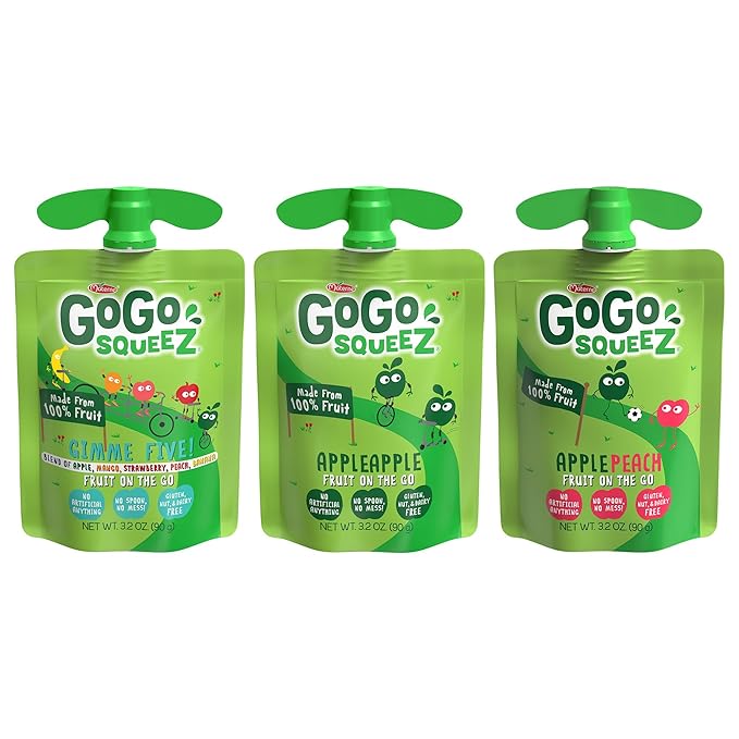 GoGo squeeZ Applesauce and Fruit Puree Variety Pack, Apple, Peach & Gimme Five!, 3.2 oz (Pack of 20), Unsweetened Fruit Snacks for Kids, Gluten Free, Nut Free and Dairy Free, BPA Free Pouches