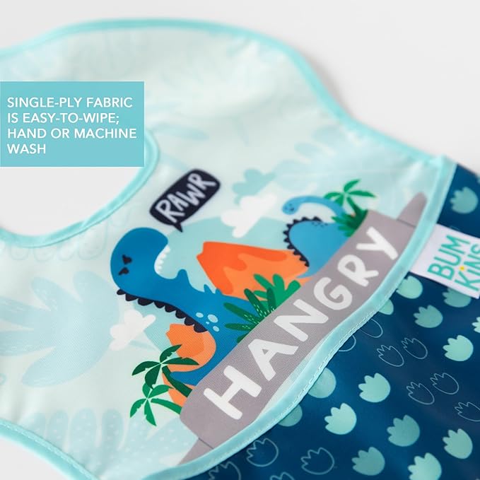 Bumkins - SuperBibs + Sleeved Bib - For Boys & Girls, Babies & Toddlers 6-24 Months - Lightweight, Durable, Waterproof - Catch-All Pocket - Wipeable & Machine Washable - Always Hangry Dinosaur -3 Pack