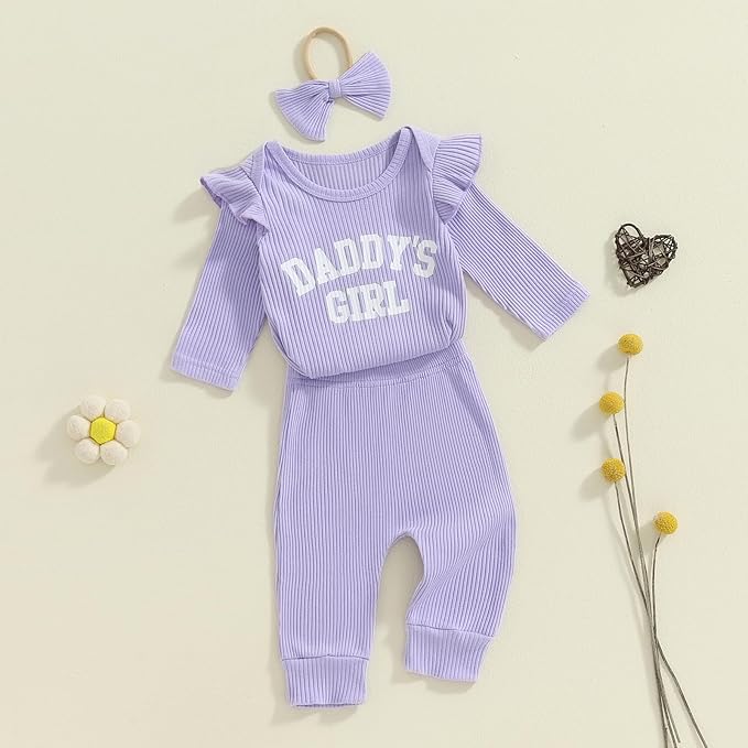 Tsnbre Newborn Baby Girl Outfits Daddys Girls Ruffle Long Sleeve Romper Top Pants Headband Infant Fall Winter Clothes