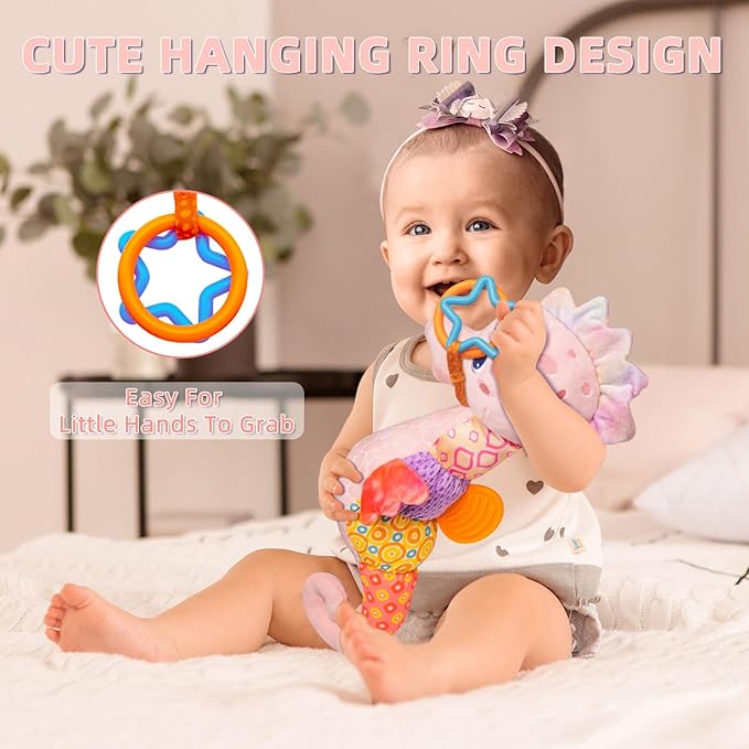 Baby Toys 0-6 Months,Infant Musical Seahorse Stuffed Animals Sensory Toys with Bright Colors,Multiple Textures,Rattles & Crinkle Sound Paper,Soft Tummy Time Toy for Newborn Boys Girls 0-12 Months-Pink