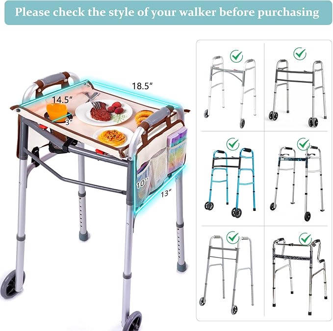 BAGSFY Walker Tray with Cup Holder & 2 Side Pockets, Folding Walker Table for Seniors | Sturdy, Easy-Clean Tray with PEVA Surface | Universal Fit for Standard Walkers, Walker Accessory for Elderly