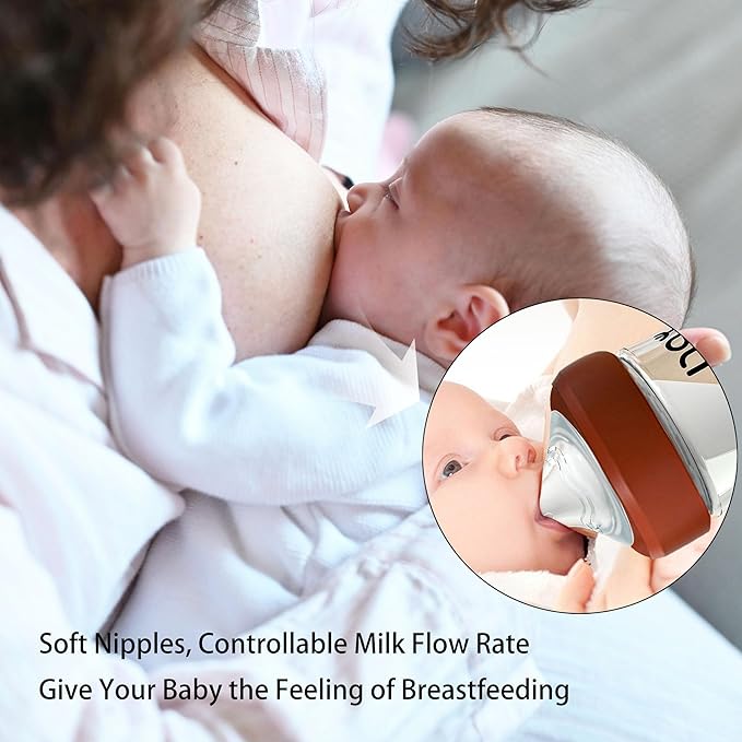 Natural Glass Baby Bottle for Breastfeeding Babies, 3oz Newborn Anti-Colic Baby Bottle with Slow Flow Nipples (SS), Clear, Wide Neck, 4 Pack, 0 Months+