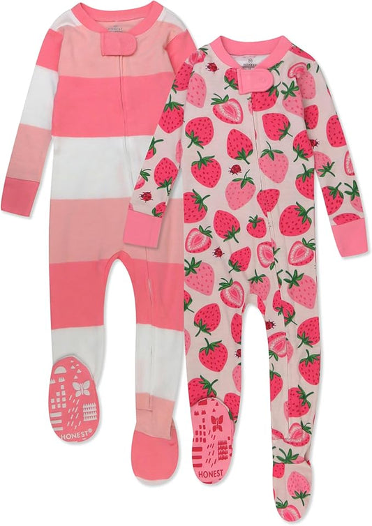 HonestBaby 2-Pack Non-Slip Footed Pajamas One-Piece Sleeper Jumpsuit Zip-Front Pjs 100% Organic Cotton for Baby Girls