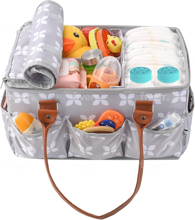 Moteph Diaper Caddy Organizer - Baby Caddy with Lid & Changing Mat, Car Diaper Caddy, Large Nursery Storage Diaper Tote Basket for Changing Table with Zip-Top Cover, Great for Baby Showers - Grey