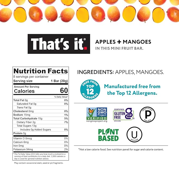 That's it. Apple + Mango 100% Natural Real Fruit Bar, Best High Fiber Vegan, Gluten Free Healthy Snack, Paleo for Children & Adults, Non GMO No Sugar Added, No Preservatives Energy Food (12 Pack)