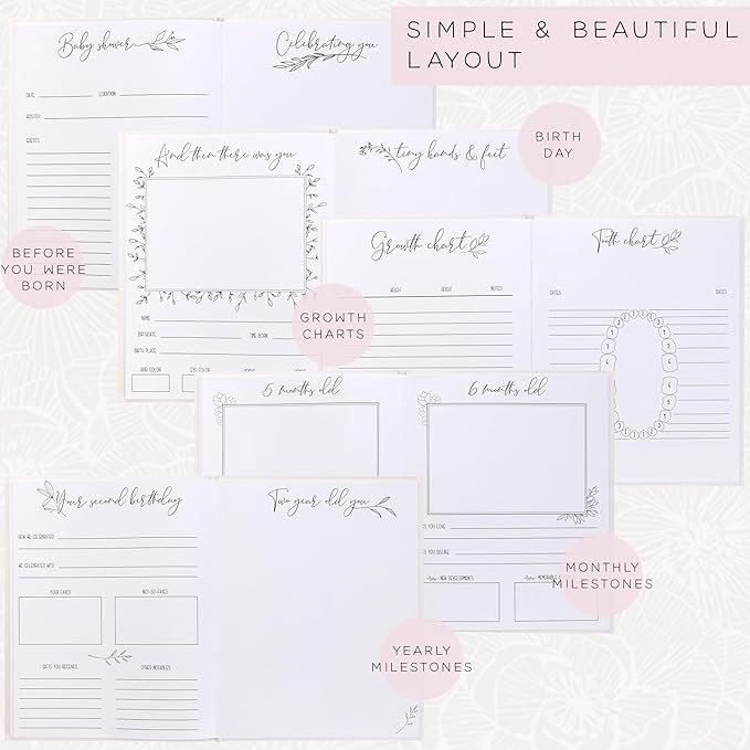 Baby Memory Book for the Modern Minimalist - Simple Baby Book for Girl - First Years Journal - Monthly Milestone Keepsake Record Book - Pregnancy Gift for Baby Shower (Pink)