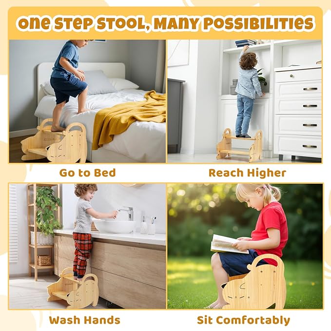 COSYLAND Kids Step Stool with Handle - Height Adjustable 2 Step Stool for Toddlers - Stable Wooden Nursery Step Stool for Toilet Potty Training, Bathroom, Kitchen Easy to Clean (Natural)