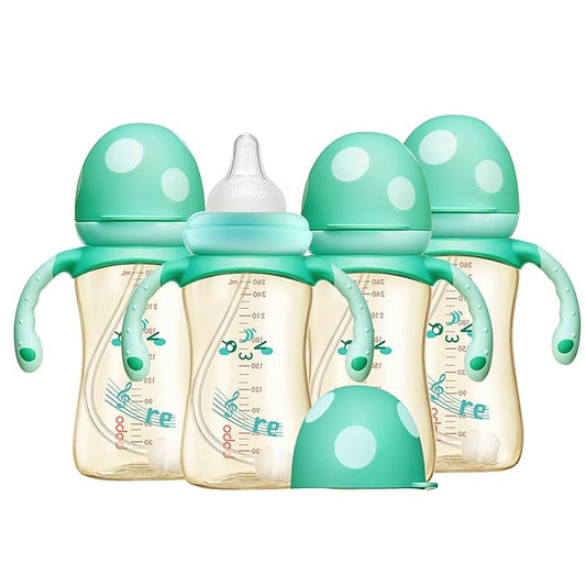 YOHKOH Natural PPSU Baby Bottle with Natural Response Nipple, Newborn Anti-Colic Baby Bottles with Handle, Wide Neck Mushroom Cap Baby Bottle (8.8oz (Pack of 4), Blue1)