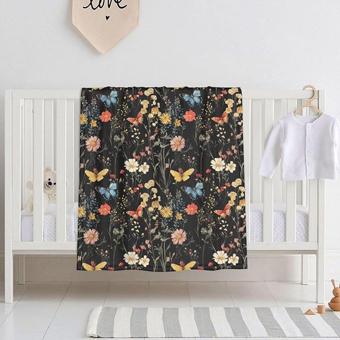 Baby Blanket Wildflower Botanical Butterfly Flower for Boy Girl Newborn 30x40 Inch Toddler Infant Nursery Throw Blankets Double Layer Comfy Soft Plush Stroller Crib Quilt