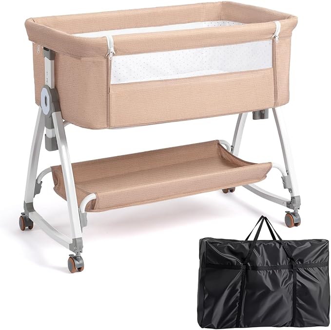 JOYMOR 3 in 1 Baby Bassinet, Bedside Bassinet for Baby, with Comfy Mattress and Wheels, 6 Height Adjustable Easy Folding Portable Bedside Crib for Newborn (Beige)