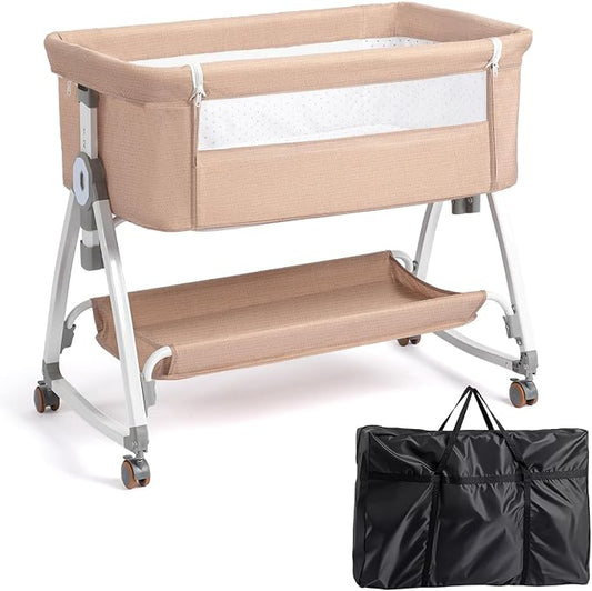 JOYMOR 3 in 1 Baby Bassinet, Bedside Bassinet for Baby, with Comfy Mattress and Wheels, 6 Height Adjustable Easy Folding Portable Bedside Crib for Newborn (Beige)
