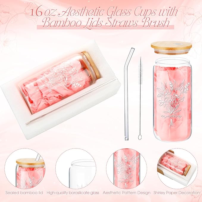 LemonRoad 6 Pcs New Mom Gifts, Pregnancy Gift for Expecting Mom, Baby Shower Favor for New Mommy After Birth, Aesthetic Flower Tumbler Notebook Pen Sock Dried Flower Greeting Card for Mommy(Pink)