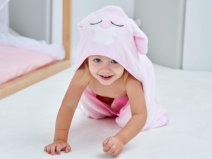 HIPHOP PANDA Hooded Towel - Rayon Made from Bamboo, Bath Towel with Bear Ears for Newborn, Babie, Toddler, Infant - Absorbent Large Baby Towel - Pink Rabbit, 30 x 30 Inch