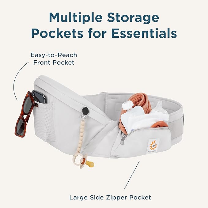 Ergobaby Lift Ergonomic Baby Hip Seat Carrier with Storage, Comfortable Wide Waistbelt and Lumbar Support (17lbs - 45lbs) - Anti-slip Toddler Carrier - Pearl Grey