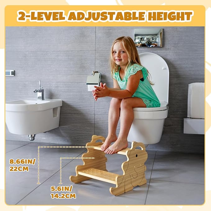 COSYLAND 2 Step Stool for Kids – Height Adjustable Non-Slip Toddler Stepping Stool for Bathroom Sink & Potty Training - Stable Dinosaur Shaped Kids Stool for Kitchen, Bedroom & Home (Natural)